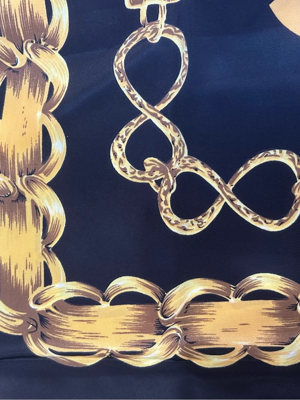CHANEL Black and Gold Silk Scarf with Chain Motif